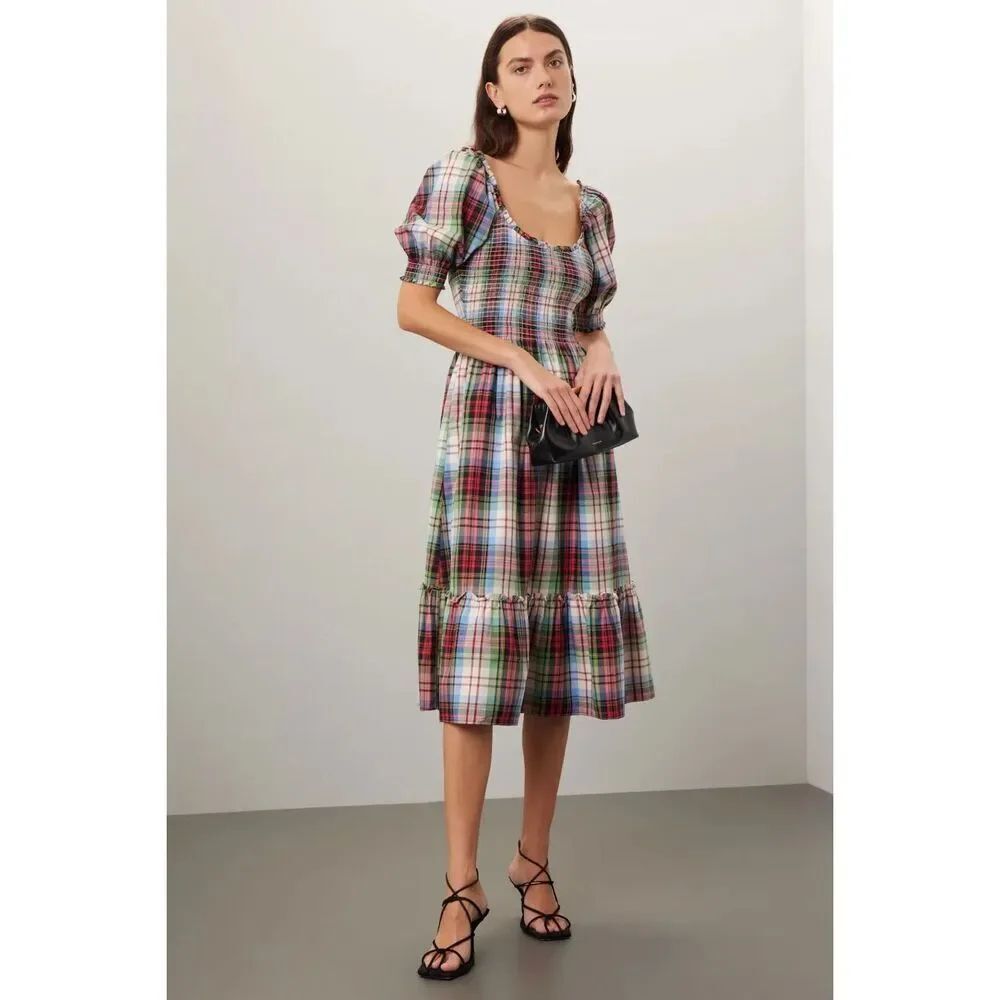 Hill House Home The Louisa Nap Dress in Ivory Red Tartan Small